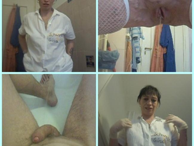 Schwester Gina pisst auf Schwanz im Kittel und Latexhandschuhen 2