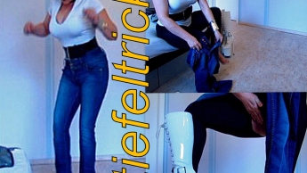 Hohe Stiefel unter enger Jeans